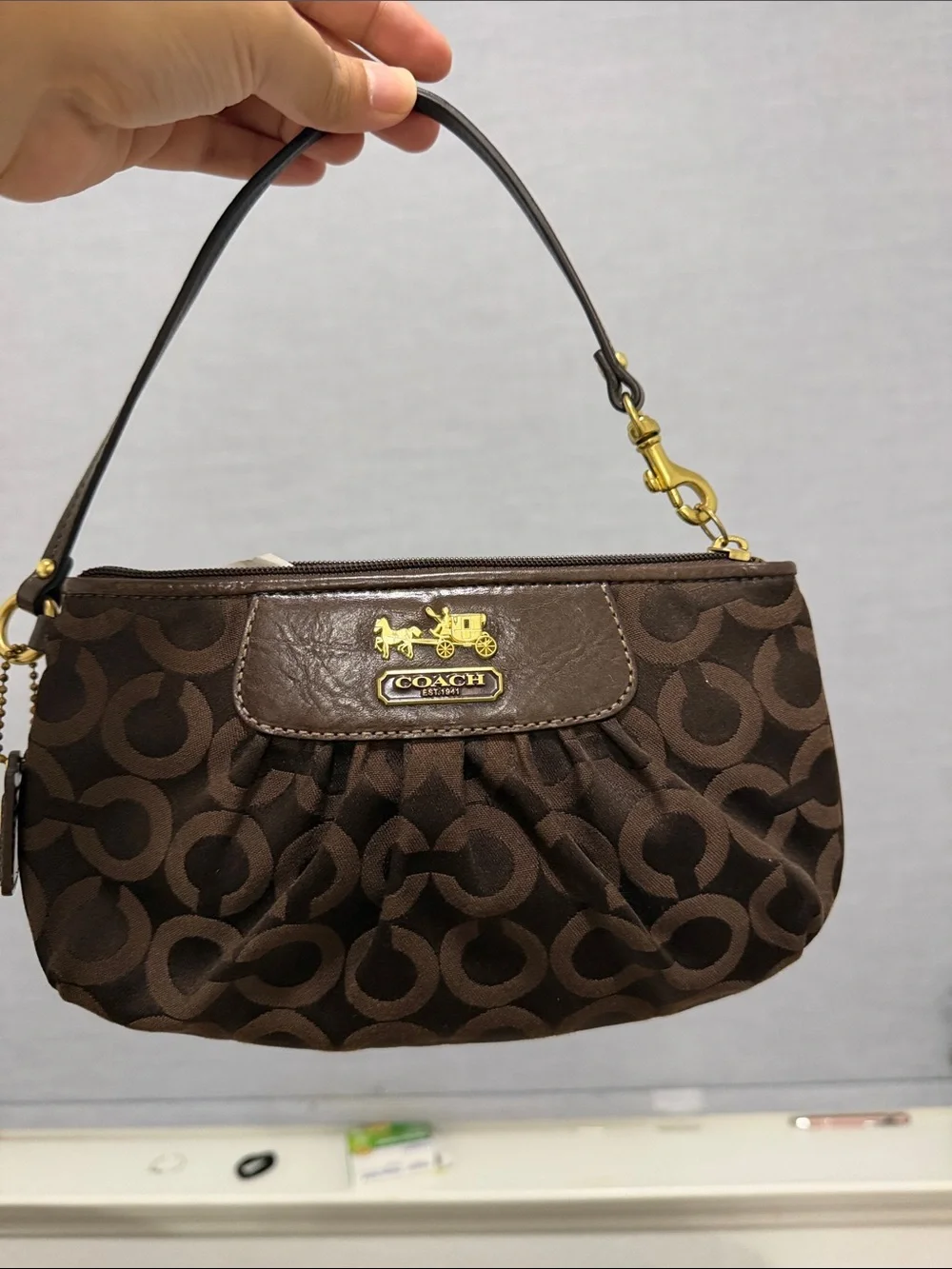 Coach Brown Signature Wristlet with Gold Hardware